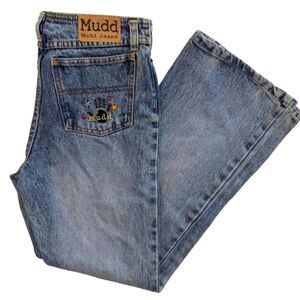 VTG Y2K Distressed Mudd Mid Rise Flare Denim Jeans Size 14 Hand Patch Wide Leg